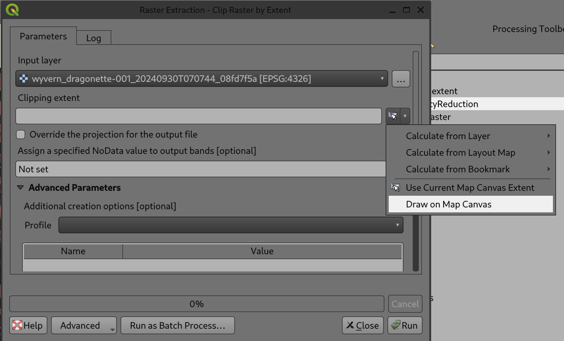 Clip raster by Extent dialog
