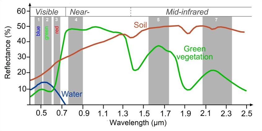 Figure 2: Example of spectrum of soil, vegetation, and water. Each spectrum has a distinct shape [2]