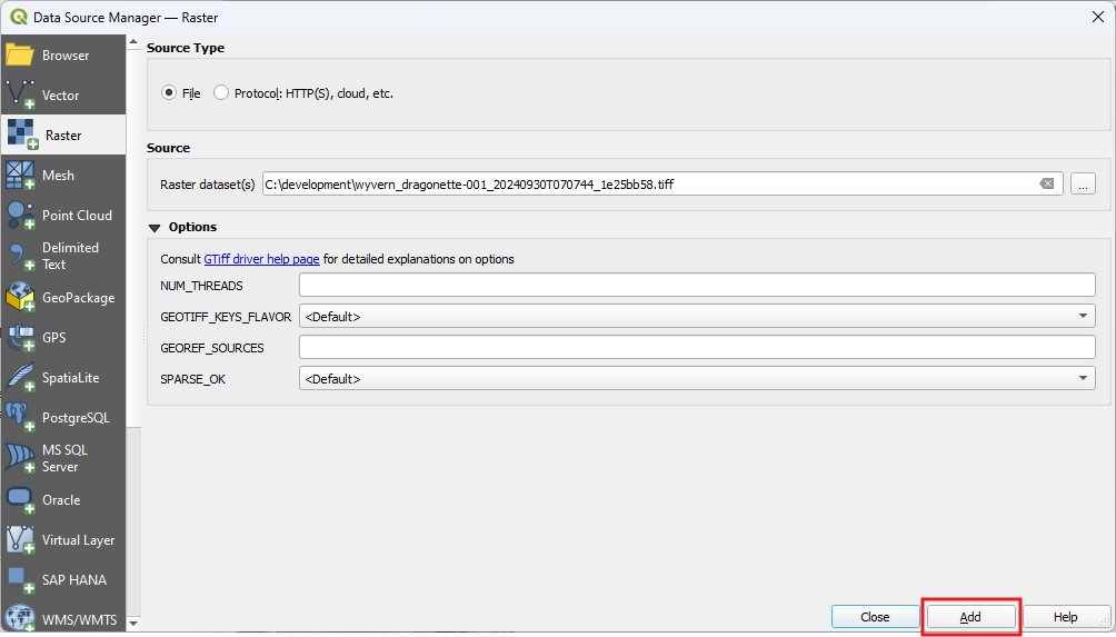 QGIS Data Source Manager showing additional options now that an image has been selected