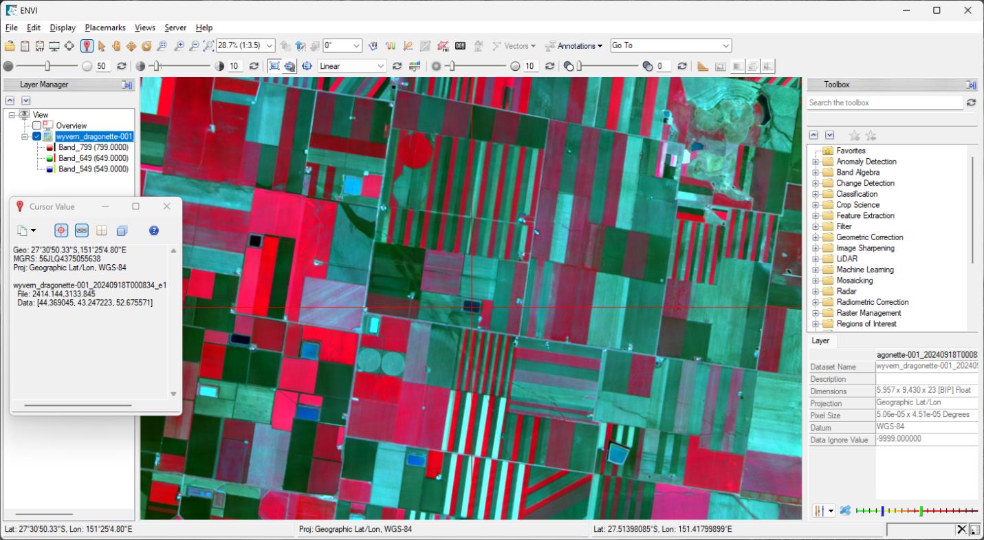 A Wyvern Dragonette-1 imagery data product loaded into the ENVI software and displayed in colour infrared