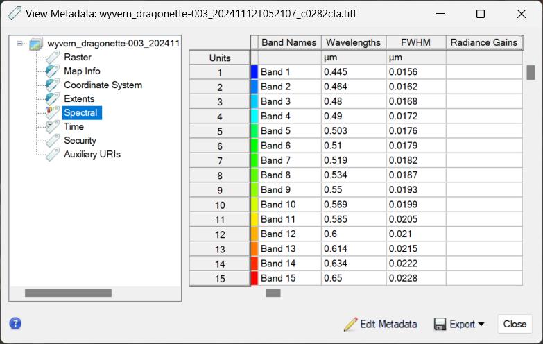 ENVI View Metadata window showing raster metadata for a Wyvern Dragonette Level-1B dataset
