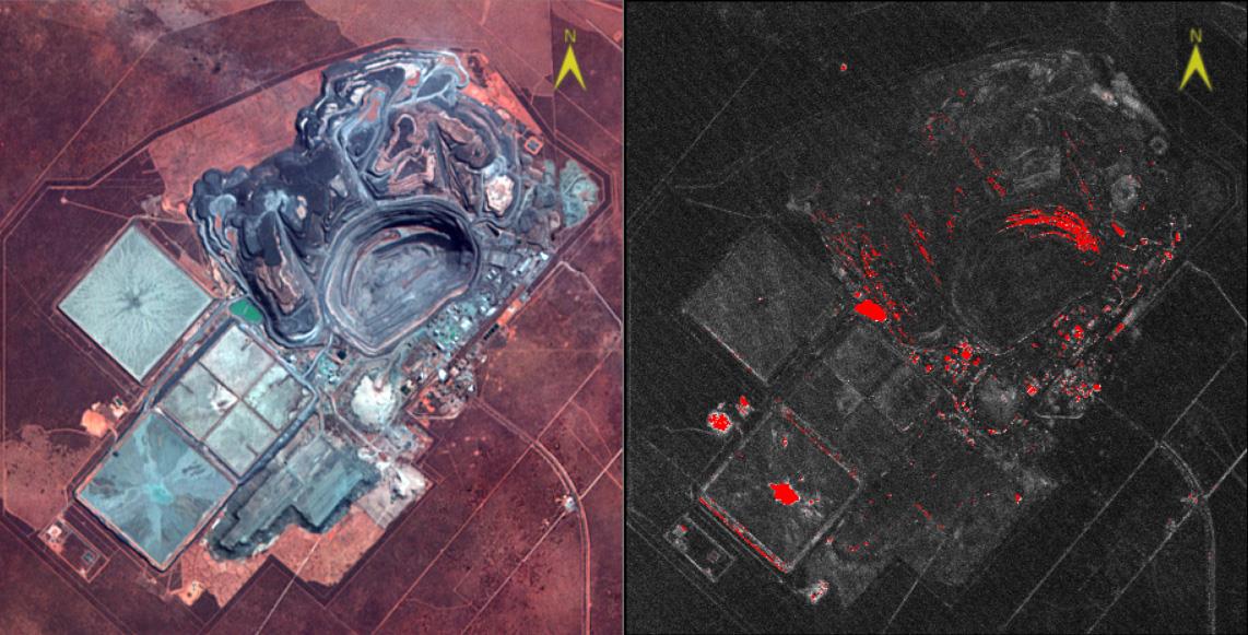 RGB colour image on the left and the same scene with red anomaly pixels identified by the RXD algorithm on the right