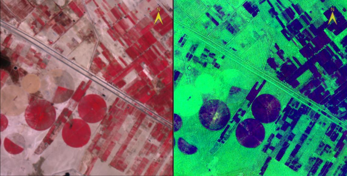 The first three bands of an ICA transformation displayed as an RGB colour image next to the source scene