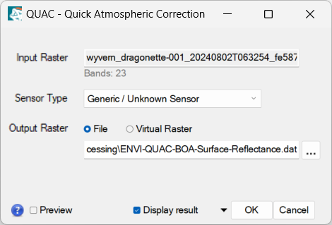 ENVI QUAC Quick Atmospheric Correction dialog configured with the Generic Unknown Sensor type