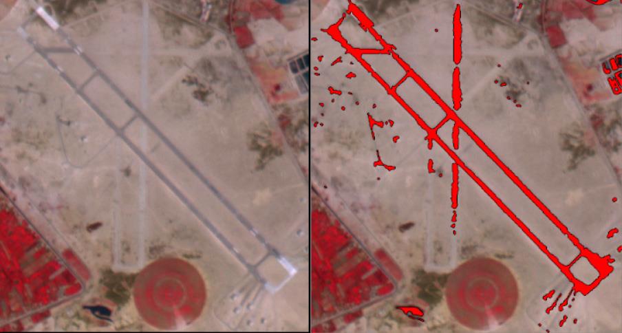 Colour infrared image on the left and the spectral target detection result for light gray road concrete on the right
