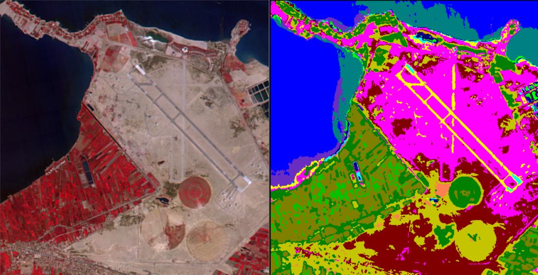 Colour infrared image on the left and the supervised classification workflow land cover result on the right