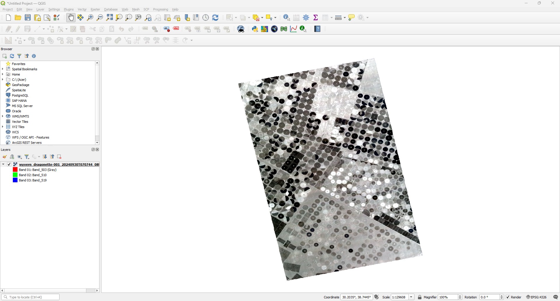 QGIS displaying a Wyvern hyperspectral geotiff