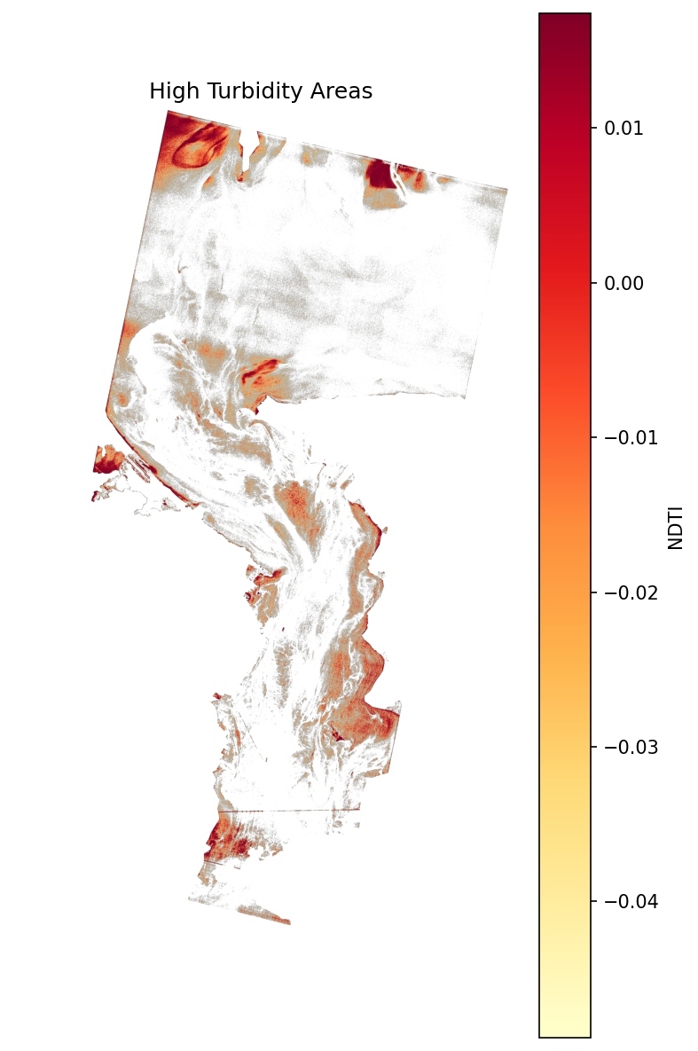 Highlighted high-turbidity areas :size=500 NDTI map showing only the highest 20% of turbidity values within the water mask
