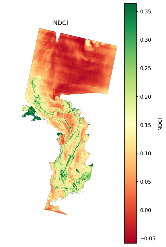 NDCI across the water mask :size=500 NDCI map of the Lake Maracaibo scene, masked to water pixels only