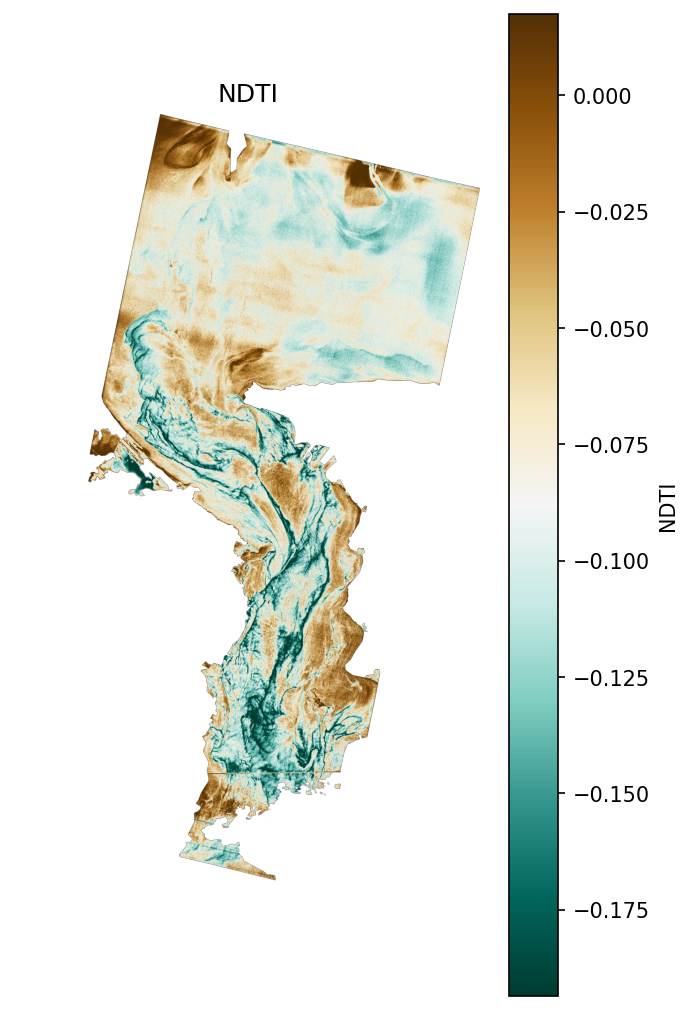 NDTI across the water mask :size=500 NDTI map of the Lake Maracaibo scene, masked to water pixels only