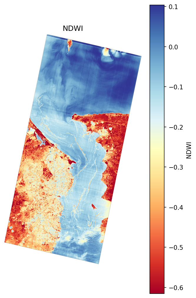 NDWI across the full scene :size=500 NDWI map of the Lake Maracaibo scene
