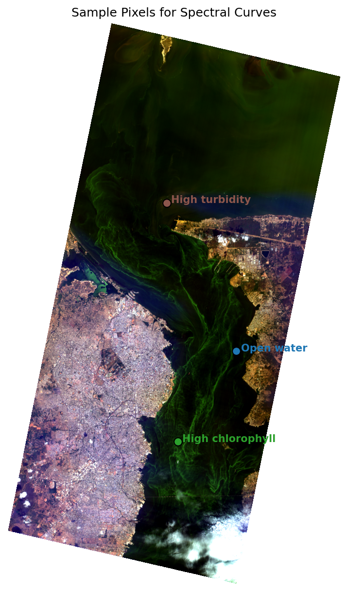 Sample pixels for the high-turbidity, high-chlorophyll, and open water spectral curves, shown on the RGB scene