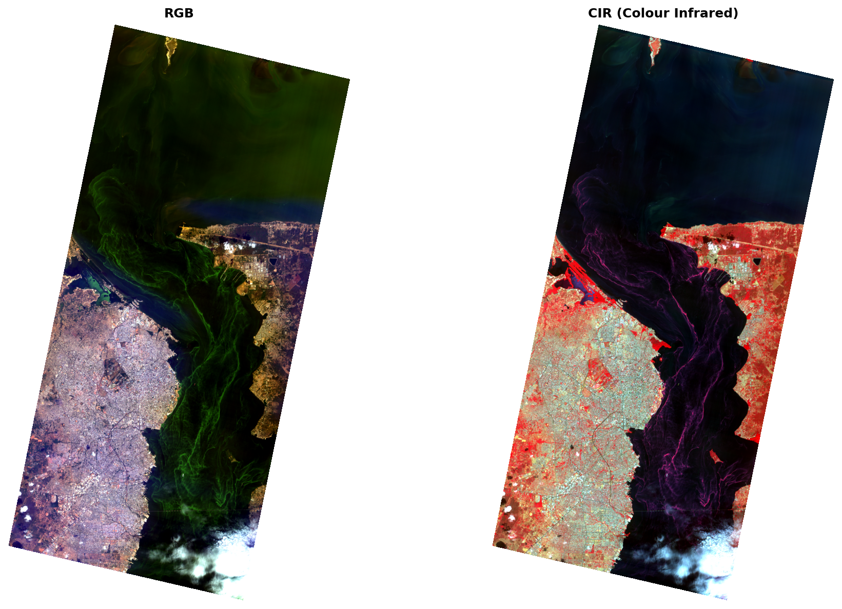 RGB and CIR composites of Lake Maracaibo :size=900 RGB and Colour Infrared composites of the Lake Maracaibo scene, side by side