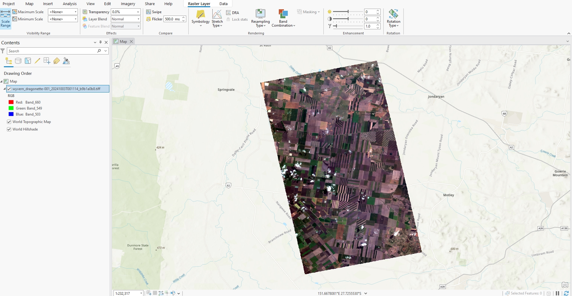 ArcGIS Pro displaying a Wyvern hyperspectral GeoTIFF