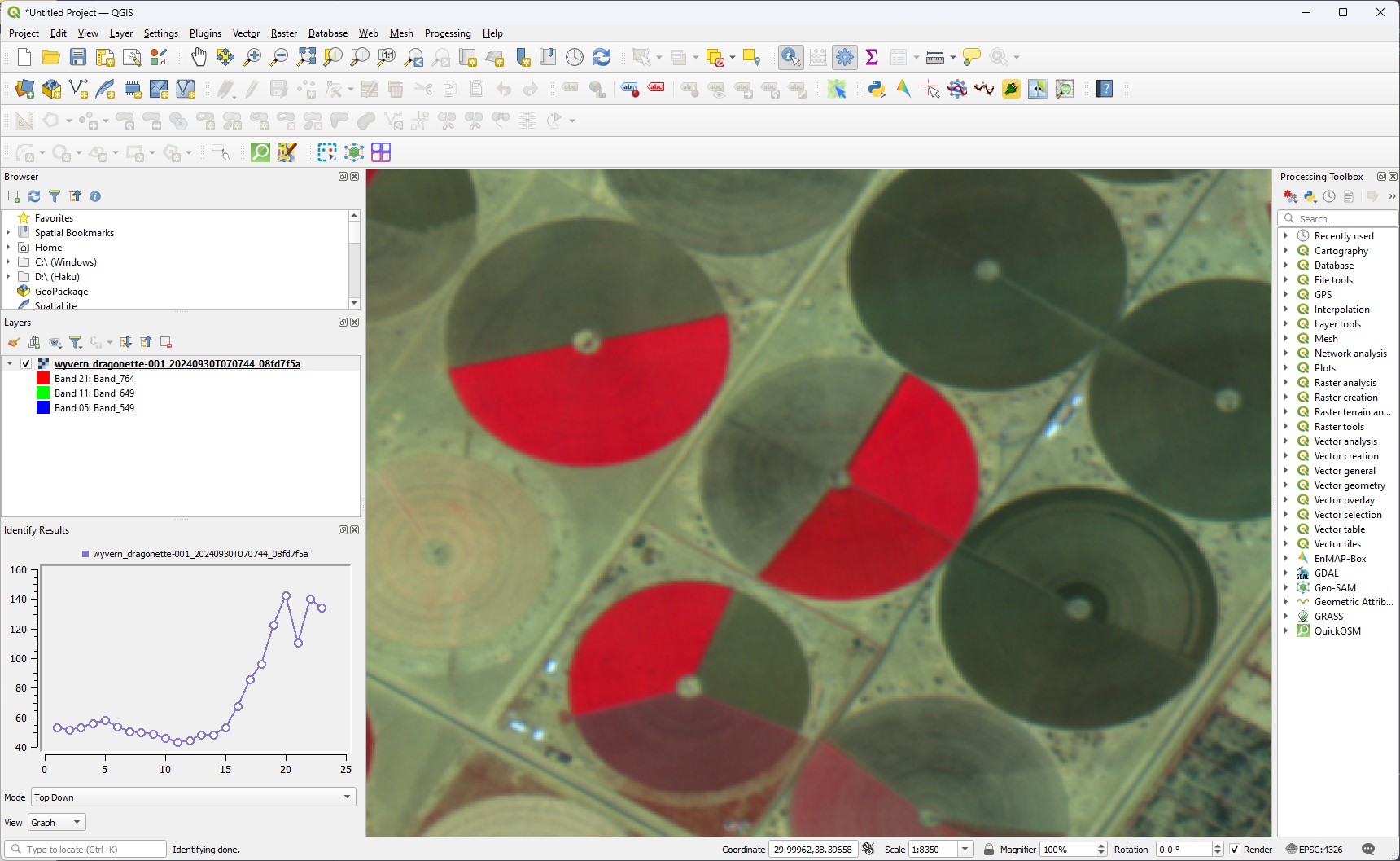 QGIS window with pixel selected & spectra visible
