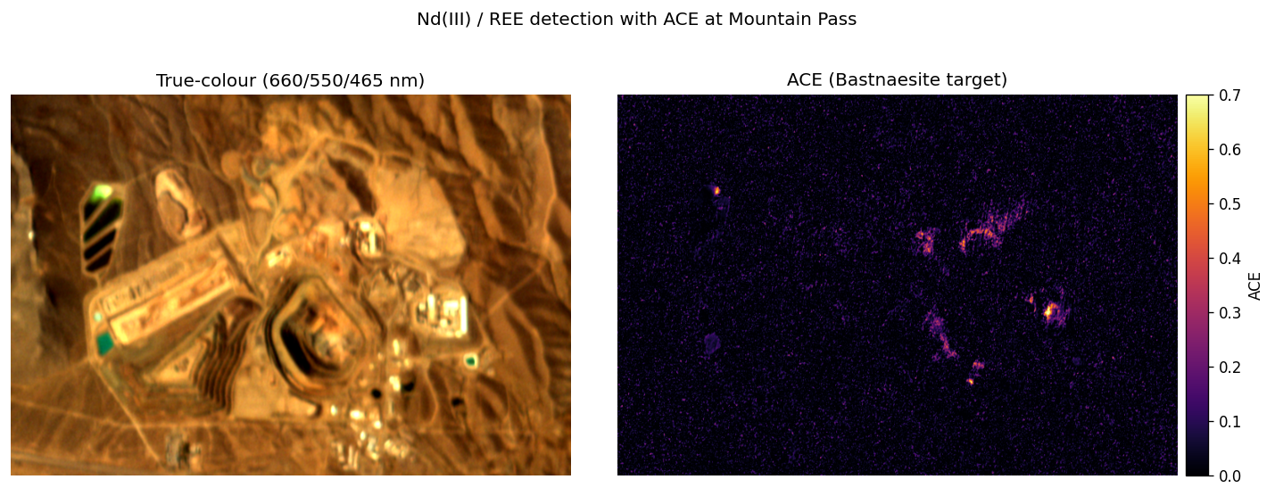 True-colour image and ACE detection map of neodymium at Mountain Pass