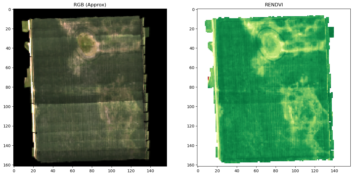 RGB image of a field, next to a green and yellow image of the same field.  Green spots indicate healthy vegetation, and yellow areas of less healthy vegetation or dirt